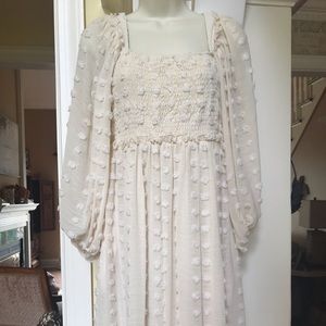 New with tag Listicle cream semi sheer Pom Pom trim fully lined dress Sz Med